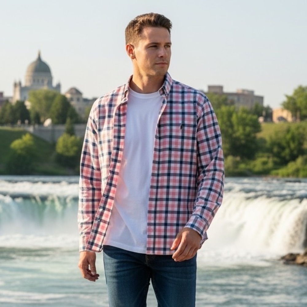 Vineyard Vines Mens XL Slim Longshore Shirt Pink Navy Blue Plaid Button Down